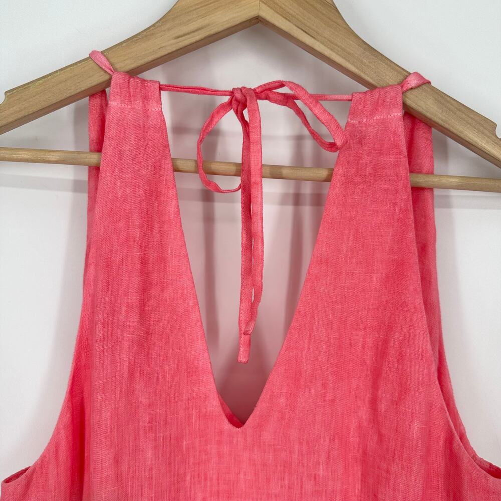 120% Lino Resort Linen Tiered Halter Maxi Dress Crochet Sleeveless, Coral Pink - Picture 9 of 14